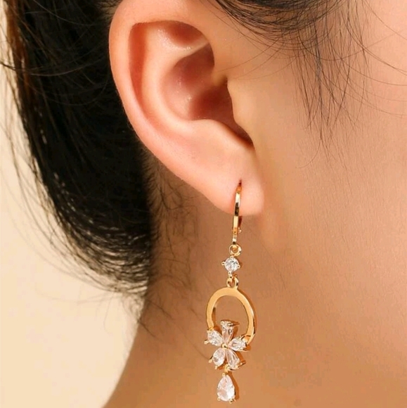 14K Gold plated hoop & rhinestone Floral long dainty elegant Earrings 2/$30 - Picture 4 of 5